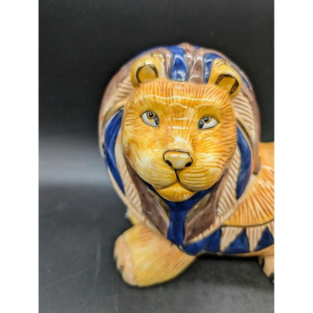 Egyptian Lion Ceramic Coin Bank Pharaoh Headdress Blue Gold Glazed Piggy Bank 8